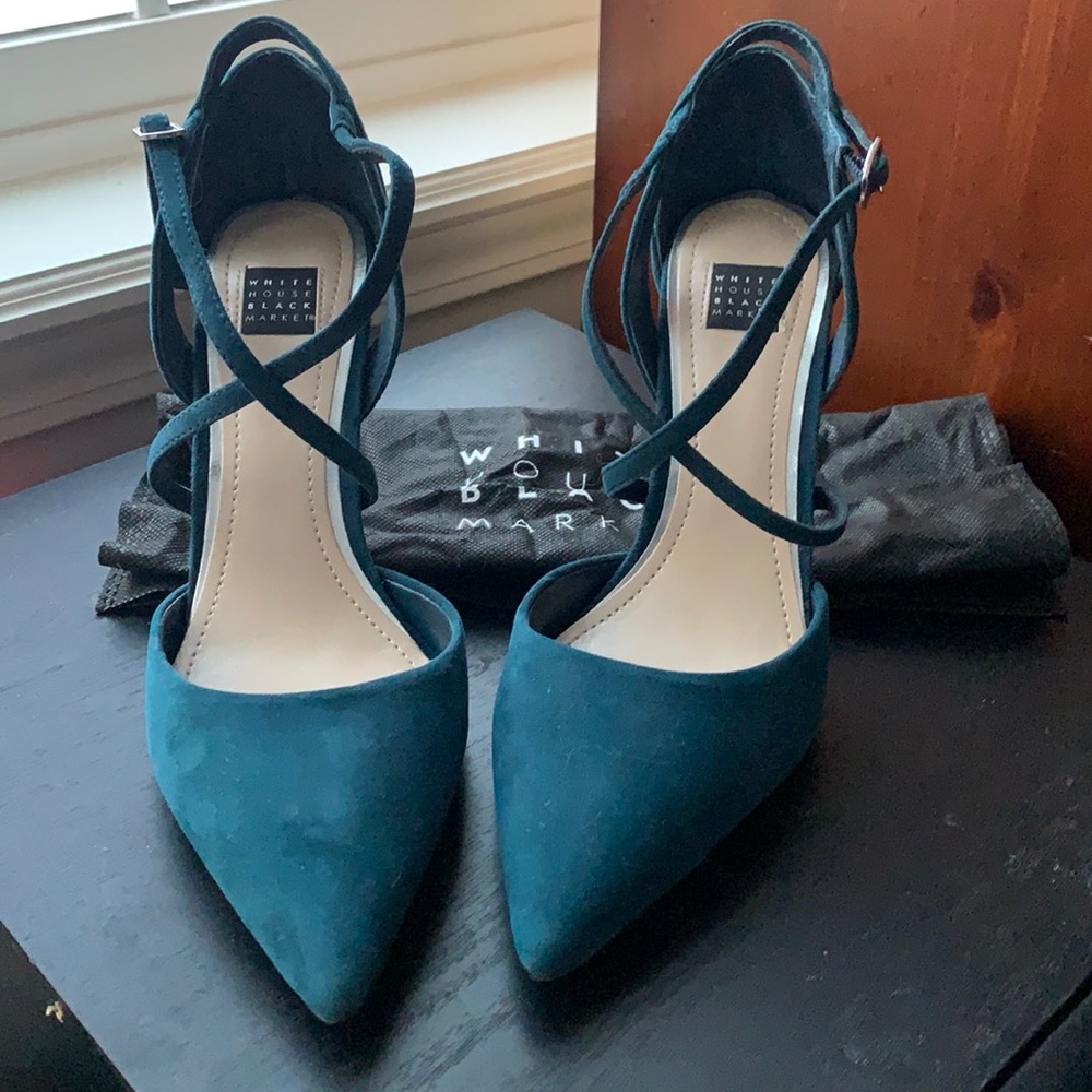New Teal suede-like cross-strap heels from White House Black Market. 8M.